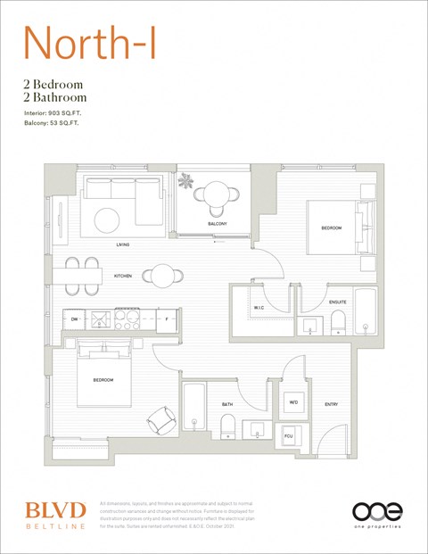 Floor plan for 2 beds, 2 baths, 903 sqft